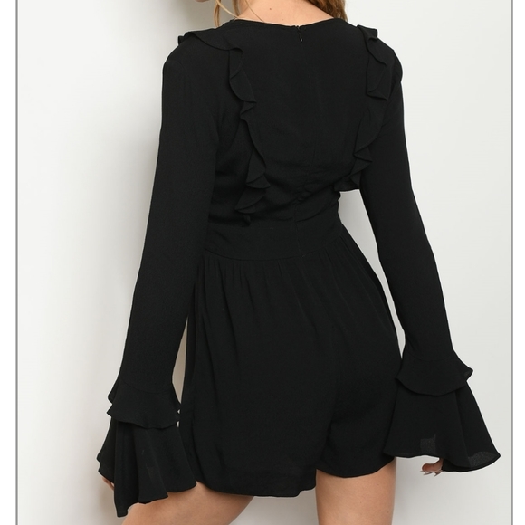 Holly Black Bell Sleeve Lace Up V Neck Romper - Picture 3 of 5